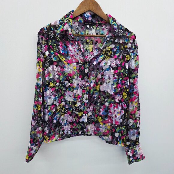 Violet & Claire Sheer Floral Blouse Button Front Collared Long Sleeve M Bright - Picture 4 of 15
